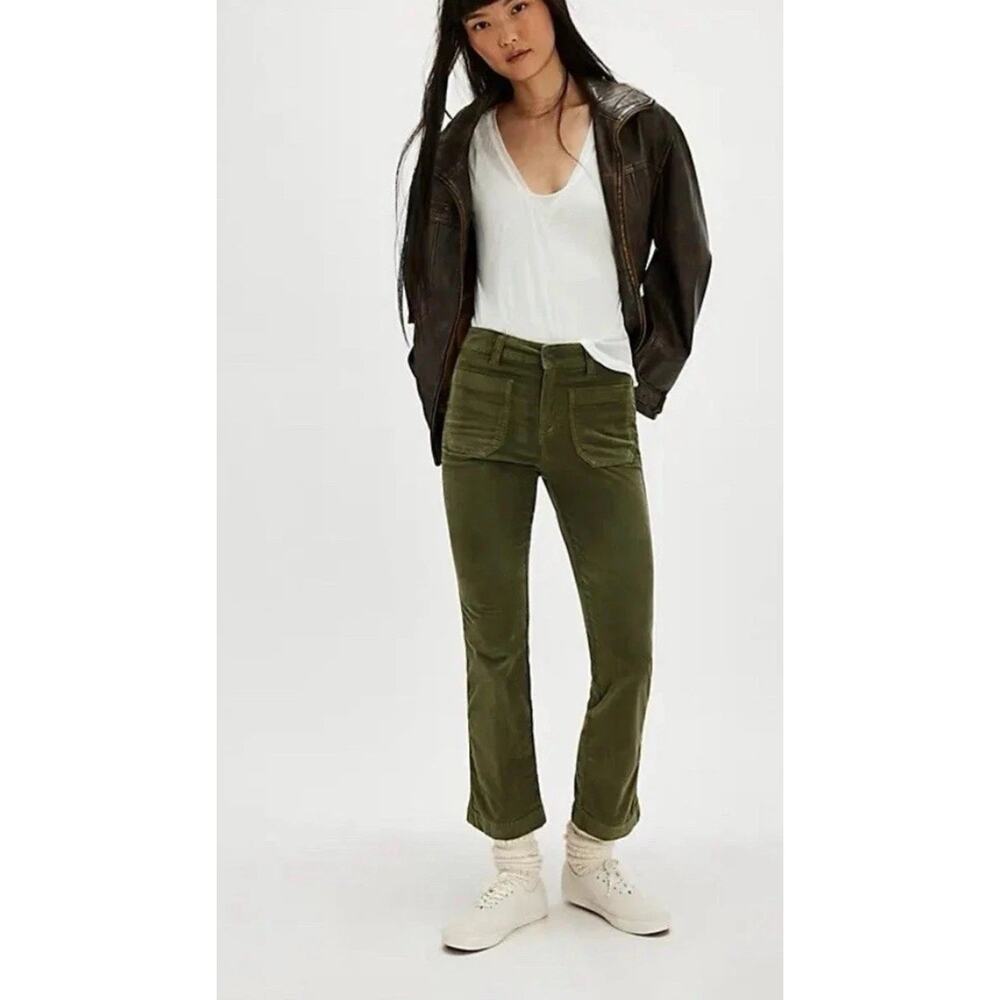 Free People High Time Kick Flare Chive Army Green Corduroy Velvet Pants Size 4